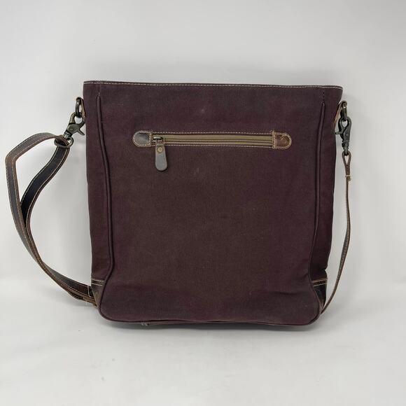 Sixtease Amythest Purple Cream Printed Canvas Brown Leather Large Crossbody Bag - Picture 2 of 10